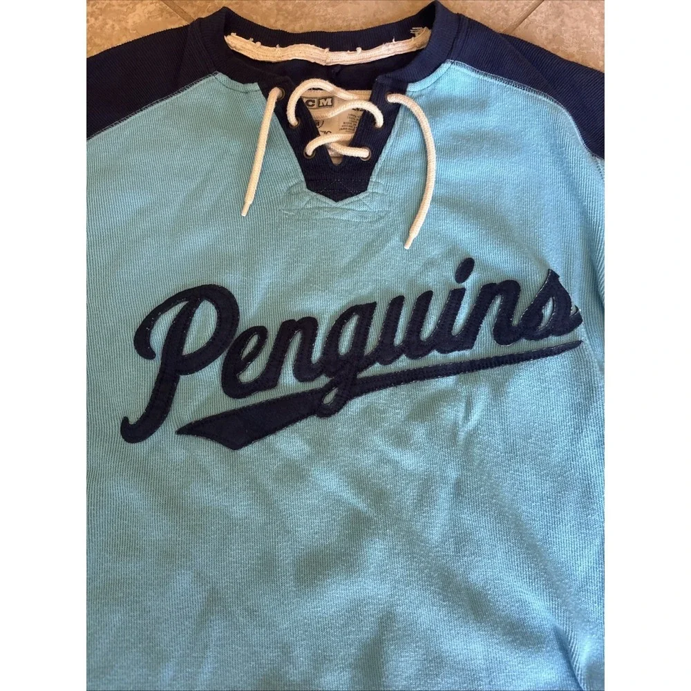 Pittsburgh Penguins CCM Pro Ok'd Sewn Retro Logo L/S Jersey Shirt Men's Size M - Picture 2 of 7